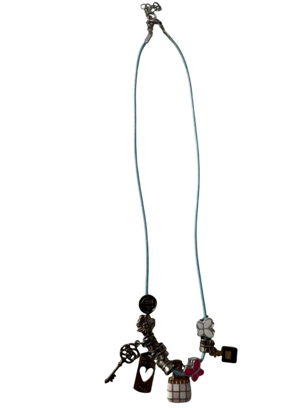 Silver Tone Charm Necklace With Blue Cord & Adjustable Lobster Clasp